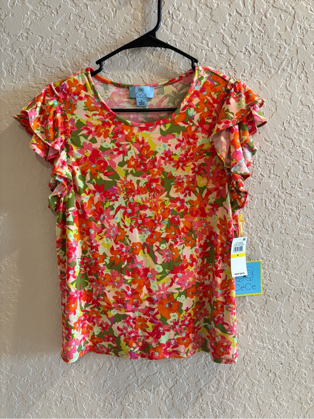 CeCe Floral Ruffle Sleeve Top - Pink, Orange and Green